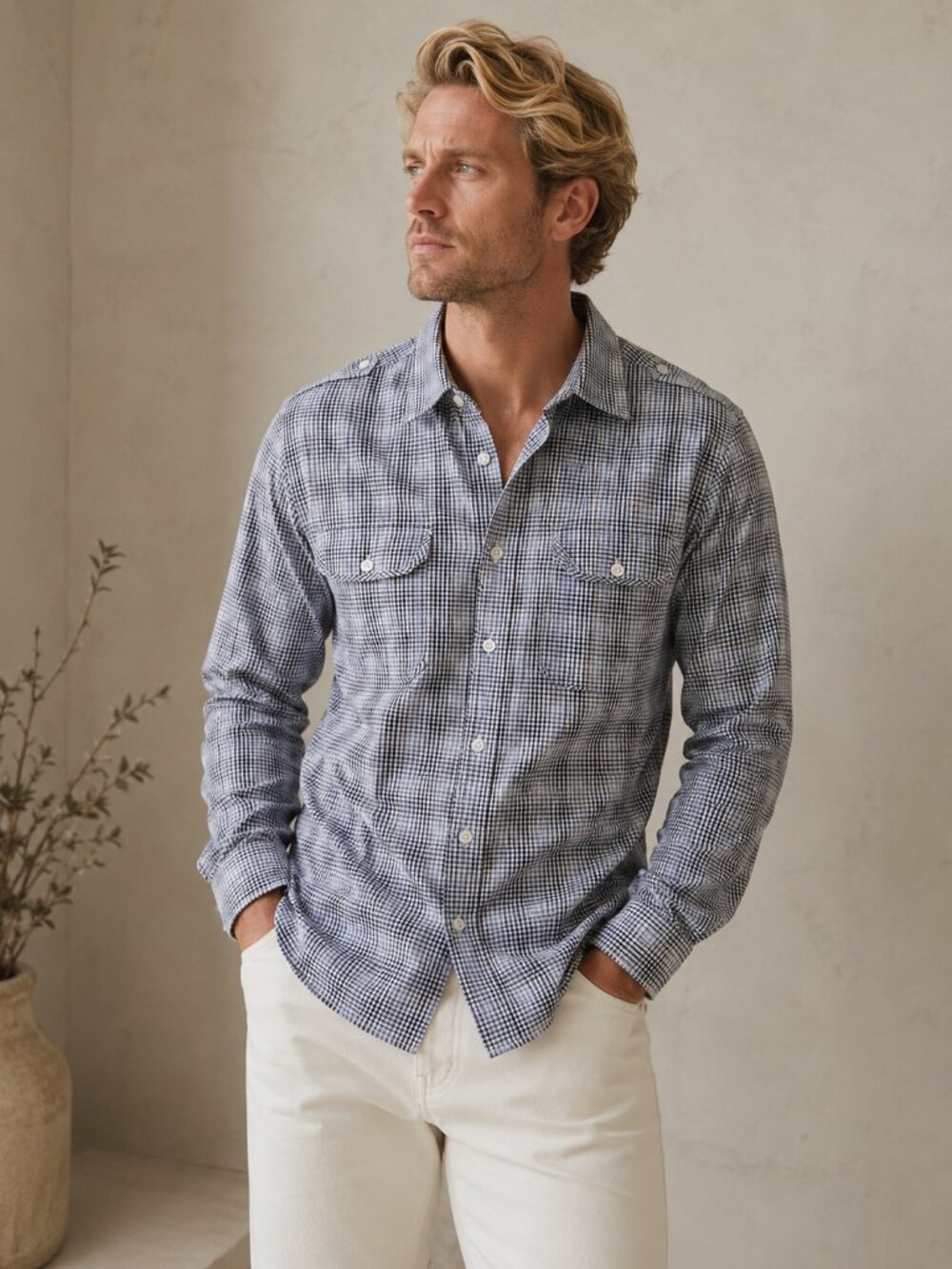 Michael Kors Men's Navy Check Cotton Button Down Shirt Tailored Fit Medium